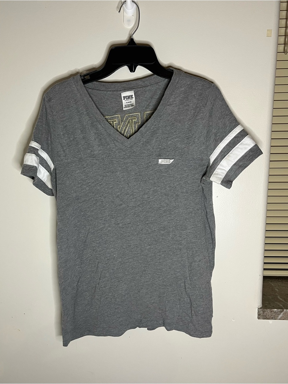 PINK Victoria's Secret Gray V-Neck Tee with White Sleeve Stripes